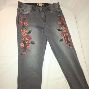 Democracy "Ab"solution Jeans with Red Floral Embroidery, Sz 10, Stretch Denim
